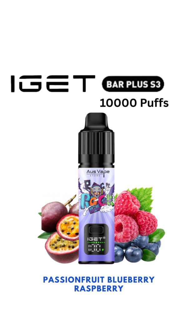1627BEAC-F39D-4432-A63D-1C8BC856277E-600x1067-1.jpeg IGET BAR PLUS KIT S3 – PASSIONFRUIT BLUEBERRY RASPBERRY – 10 000 PUFFS - Image 1