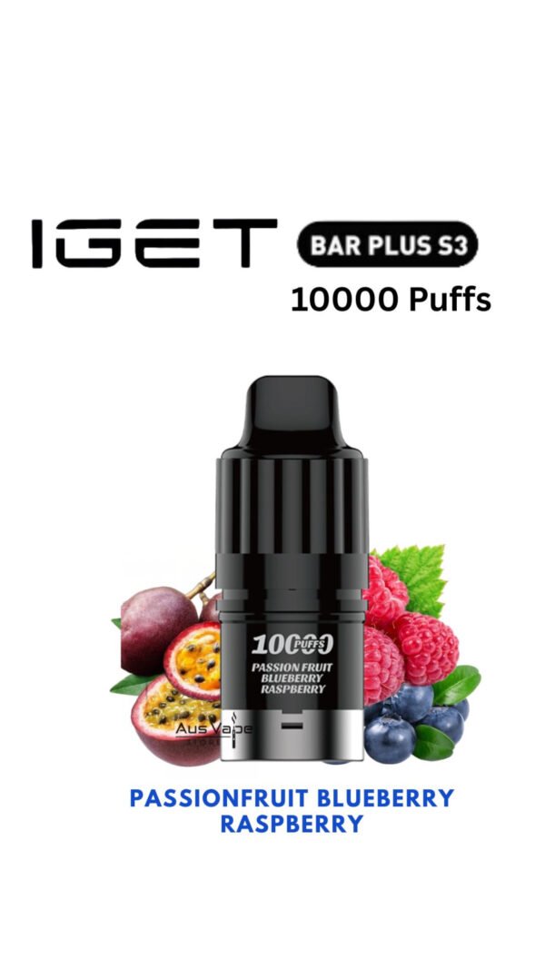 C0FCDBF3-9D7A-45DE-893F-A2AA4CA11F28-600x1067-1.jpeg IGET BAR PLUS S3 POD ONLY – PASSIONFRUIT BLUEBERRY RASPBERRY – 10.000 PUFFS - Image 1